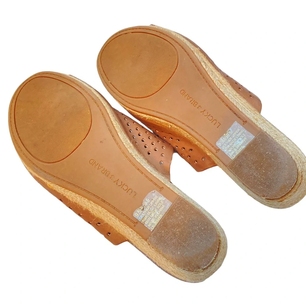 Lucky Brand Brown Leather Slide Sandals 9.5 Perforated Espadrille Wedge Mule